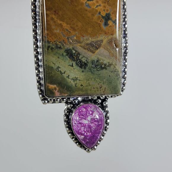 Statement Pendant Necklace – Jasper, Pearl & Purple Druzy + 20" Silver Chain - Picture 3 of 10